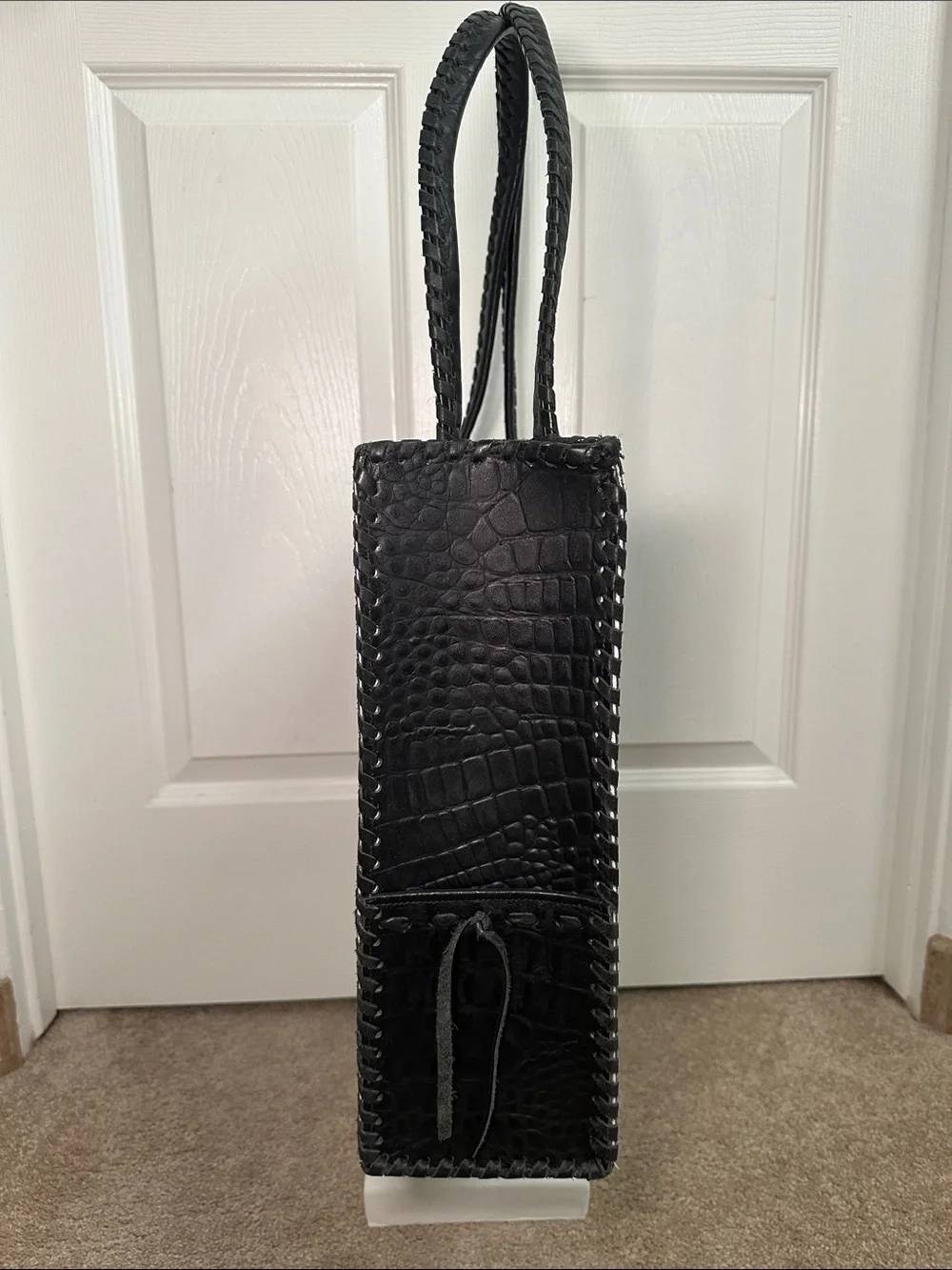 Structured Black Haircalf Tote with Braided Trim, black croc leather on opposite